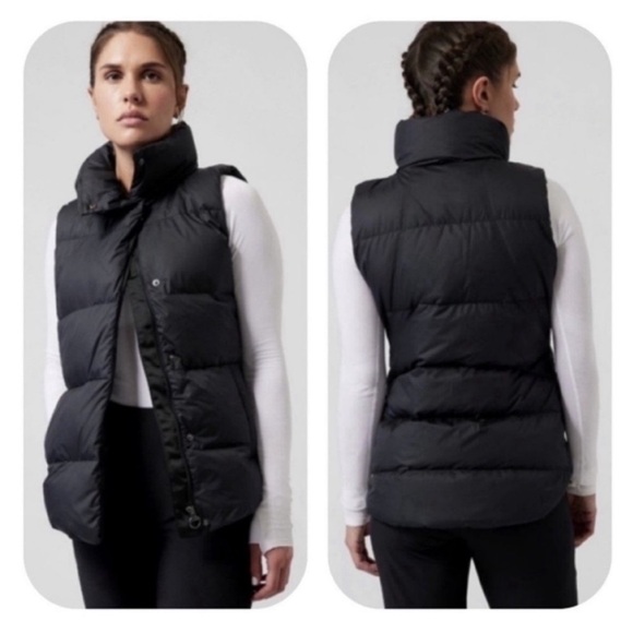 Athleta Long Downtown Black Down Puffer Vest Sz Medium Hidden Hood Gorpcore - Picture 1 of 12